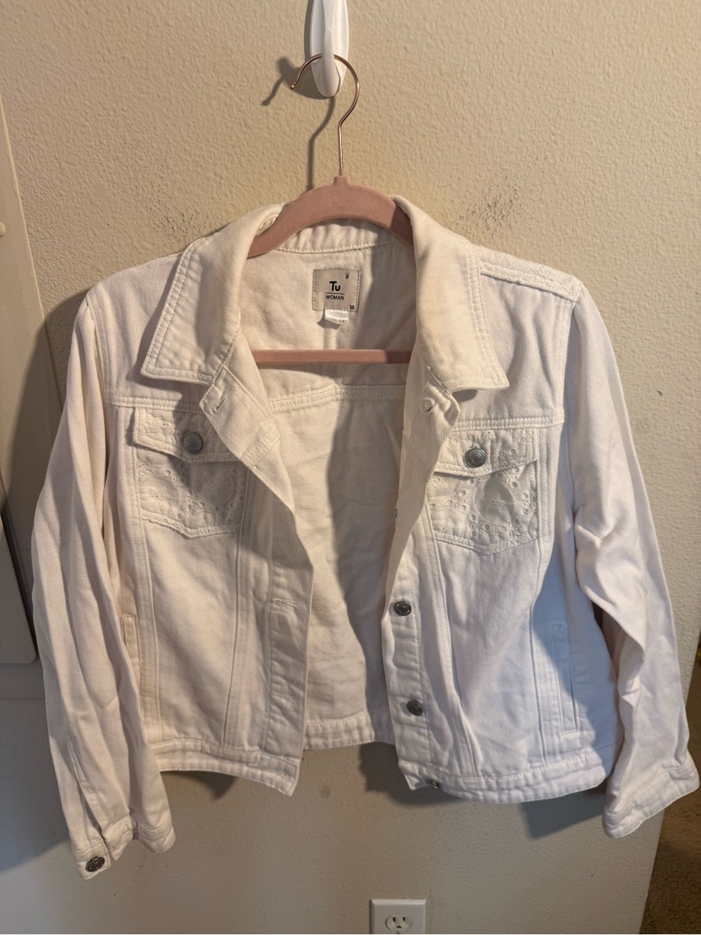 TU Woman White Denim Jacket Eyelet Pocket Detail Cotton Size 16 US 14